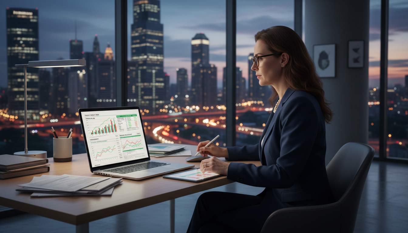 A professional tax consultant in a clean, modern office setting, looking at a laptop screen showing financial charts and tax forms, with a blurred view of a global city skyline through the window behind them, photorealistic, cinematic lighting, professional corporate aesthetic.