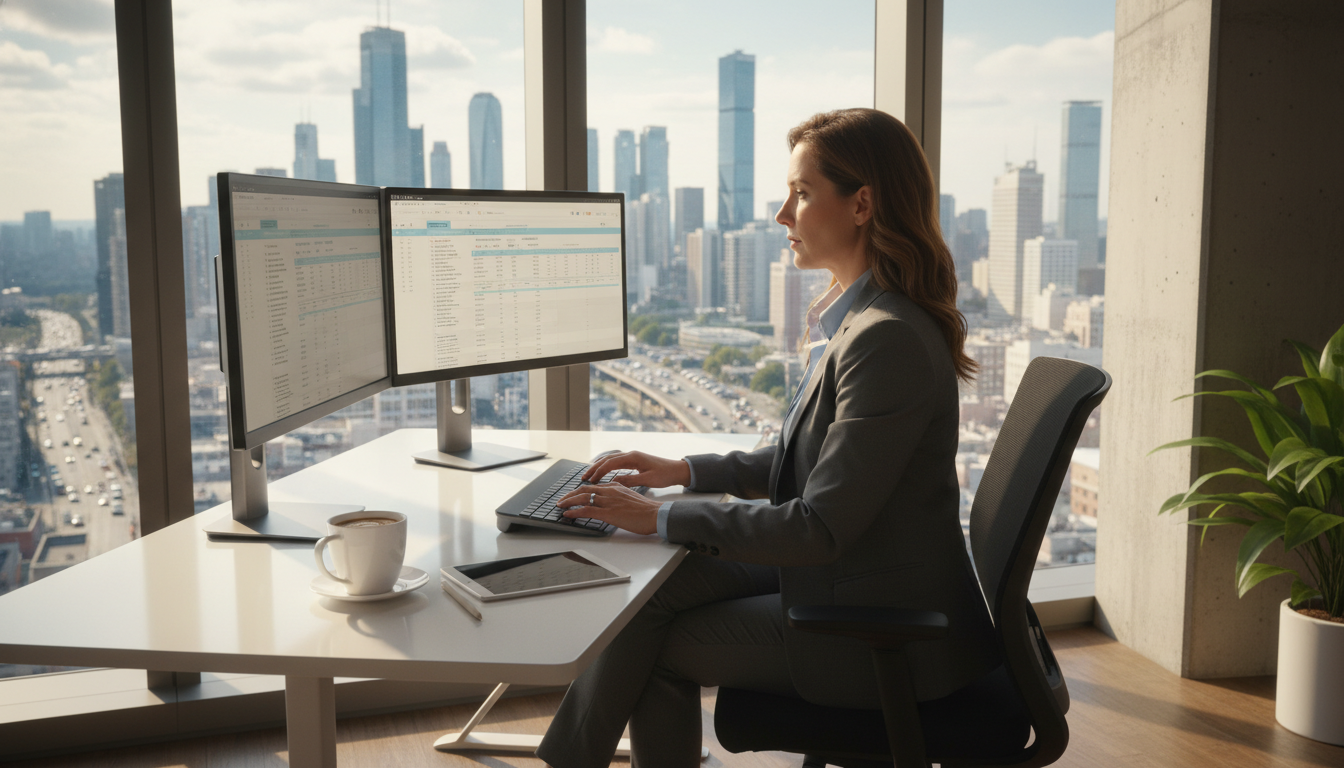 A professional accountant sitting at a clean, modern desk in a high-rise office with a view of a global city skyline, reviewing digital tax documents on a dual-monitor setup with a cup of coffee nearby, photorealistic style, soft natural lighting.
