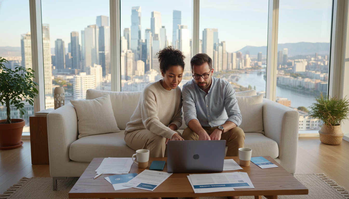 A professional expat couple in their 30s reviewing health insurance documents on a laptop in a bright, modern apartment with a city skyline view through the window, photorealistic, 8k resolution, cinematic lighting.