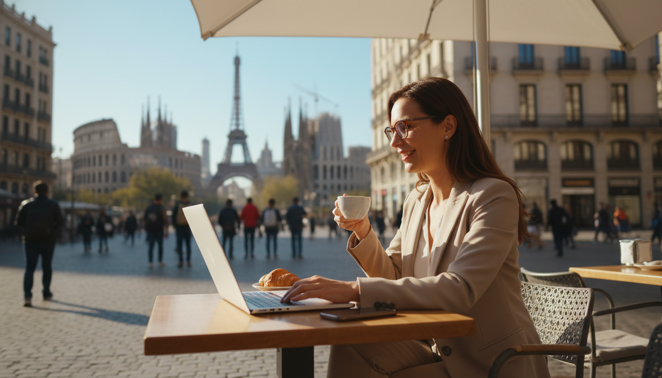 A professional-looking digital nomad working on a laptop at a sunny outdoor cafe in a modern European city, looking relaxed and secure, with a clear blue sky and architectural landmarks in the background, highly detailed, photorealistic, 4k resolution.