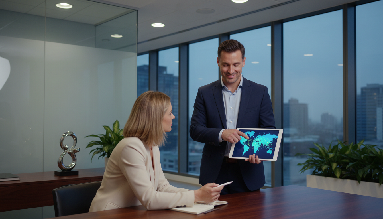 A professional tax consultant in a sleek, modern office setting, pointing at a digital global map on a tablet screen, while an expat client listens intently, photorealistic, soft office lighting, high resolution, 8k.
