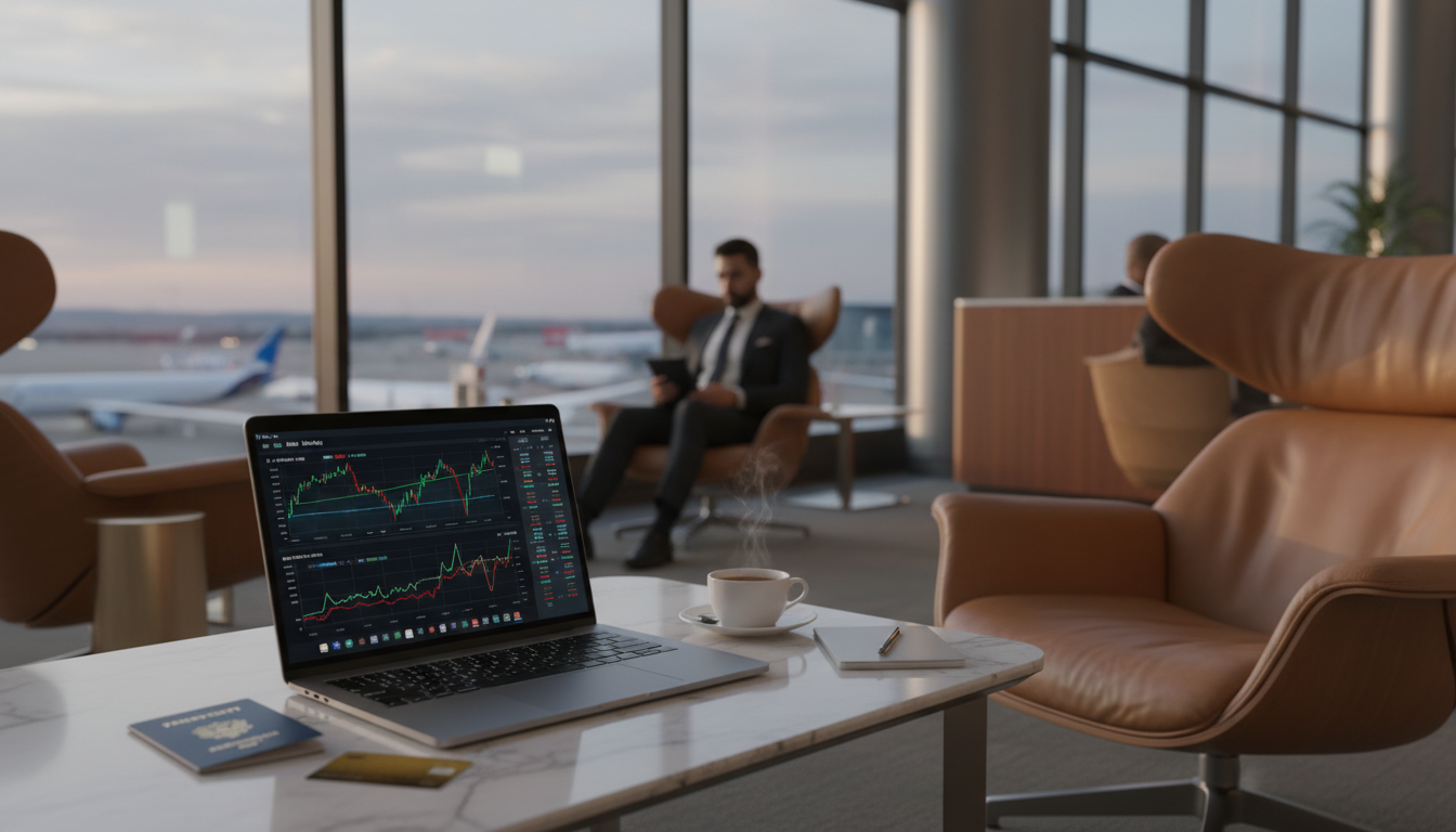 A professional businessman in a sleek modern airport lounge, using a high-end laptop with digital banking charts visible on the screen, a passport and credit card on the marble table, soft natural lighting, hyper-realistic, 8k resolution.