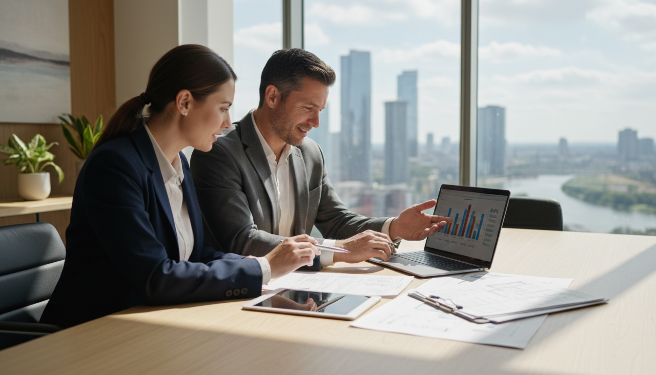 A professional-looking couple in their 30s sitting in a modern, sunlit office, reviewing property documents and a laptop with a professional financial advisor, with a blurred cityscape visible through a large window, high-quality photography, 4k resolution, photorealistic style.
