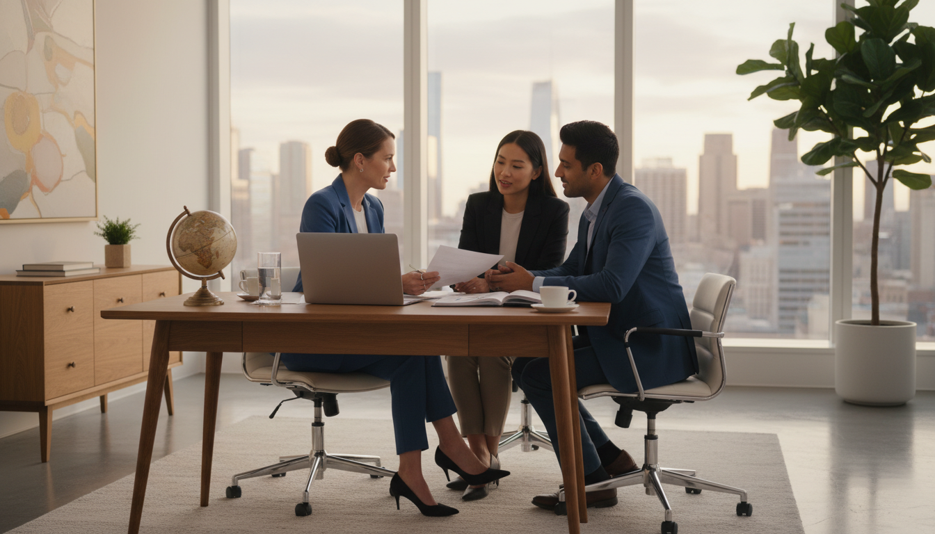 A professional financial advisor sitting at a modern desk with a laptop and a globe, discussing documents with an international couple in a bright, high-end office setting, photorealistic style, soft natural lighting.