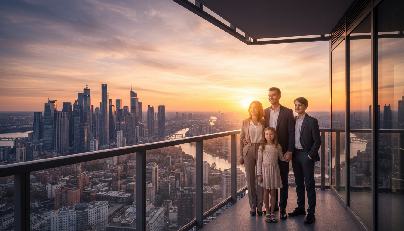 A professional expat family standing on a balcony of a modern high-rise apartment overlooking a global city skyline at sunset, looking confident and secure, photorealistic, cinematic lighting, 8k resolution