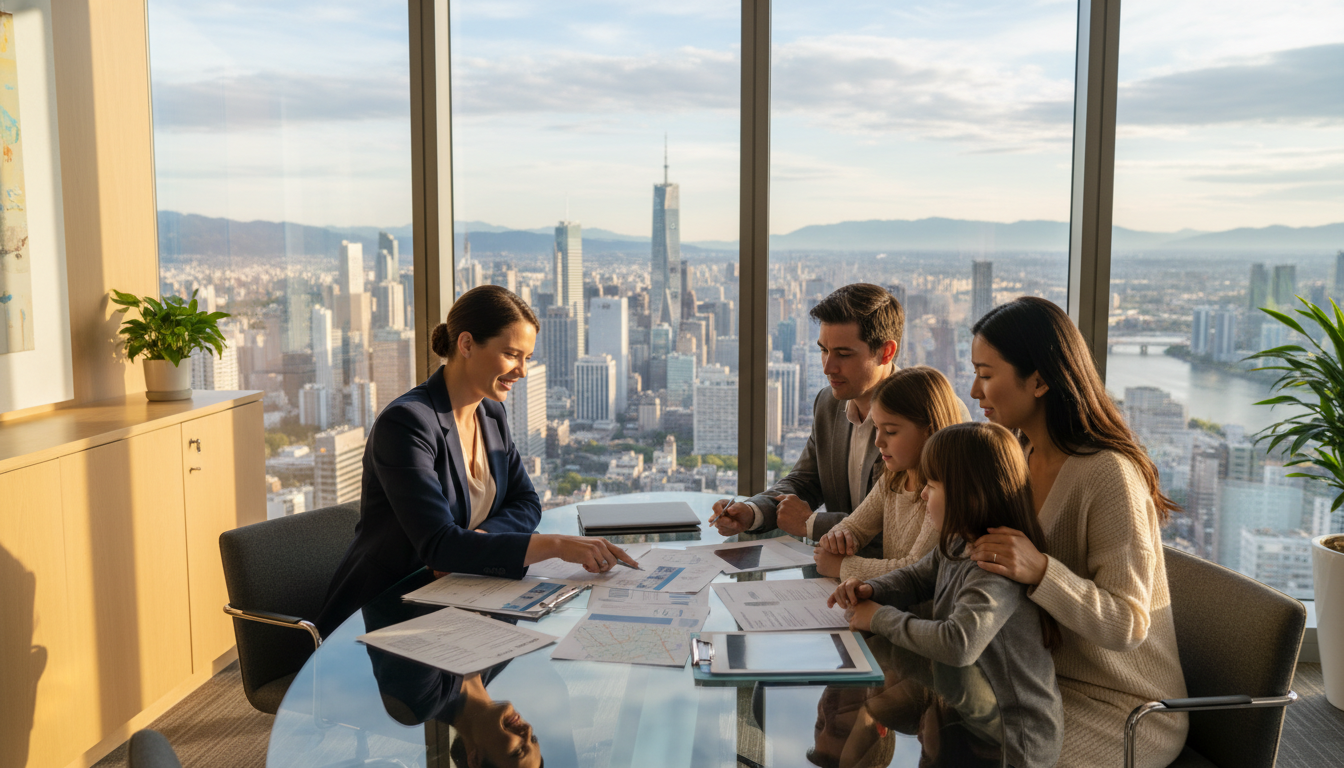 A photorealistic image of a professional office consultant assisting a family with relocation documents in a modern, sunlit office overlooking a global city skyline, 8k resolution, cinematic lighting.