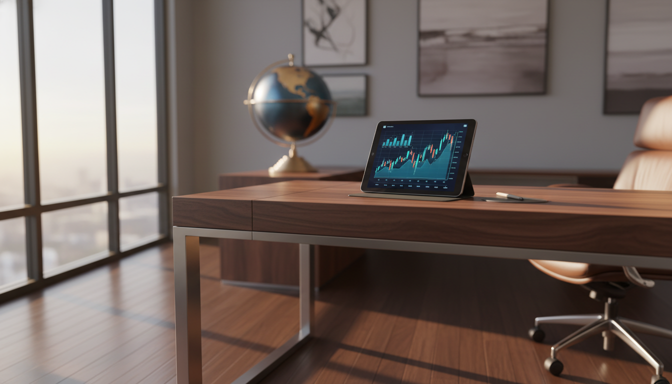 A high-end, professional office setting with a sleek wooden desk, featuring a high-tech digital tablet showing complex financial growth charts and a globe in the background, soft morning sunlight filtering through large windows, photorealistic, 8k resolution, cinematic atmosphere.