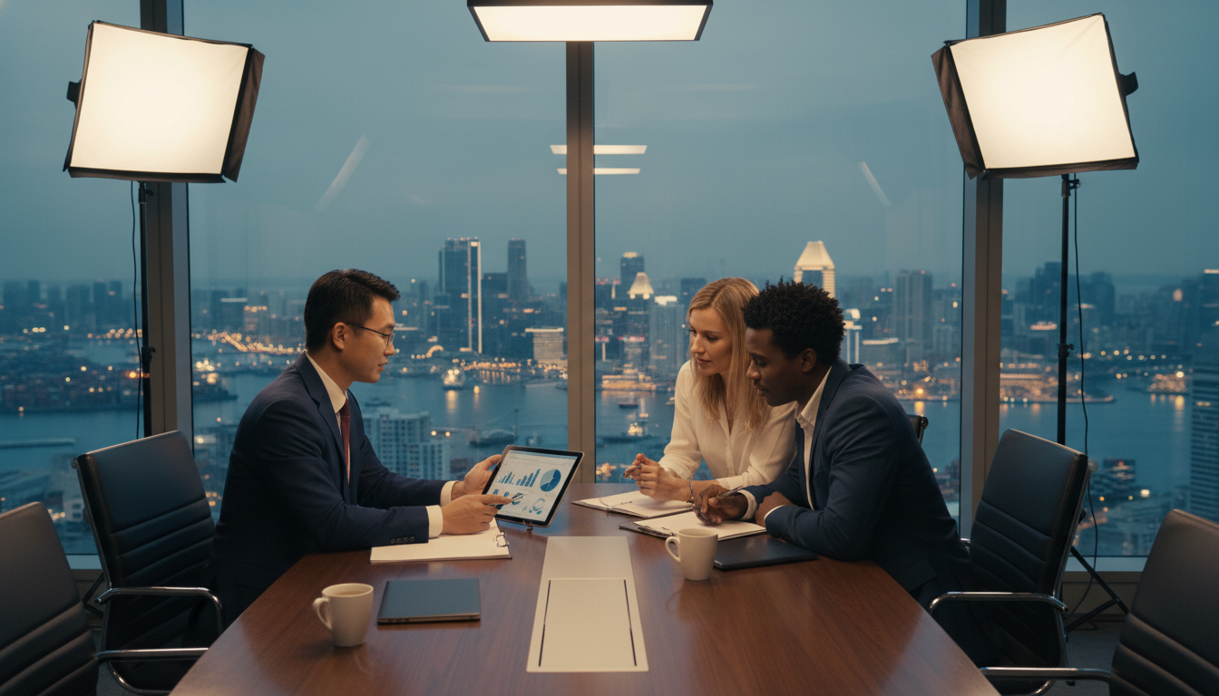 A professional financial advisor in a modern high-rise office overlooking a global financial hub like Singapore or Zurich, discussing digital investment portfolios with a diverse expat couple, photorealistic, cinematic lighting, 8k resolution.